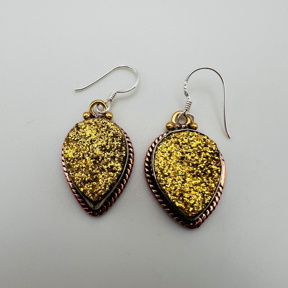 Mixed‎ Metal Yellow Glitter Earrings Teardrop Dangle Pierced Boho Drop